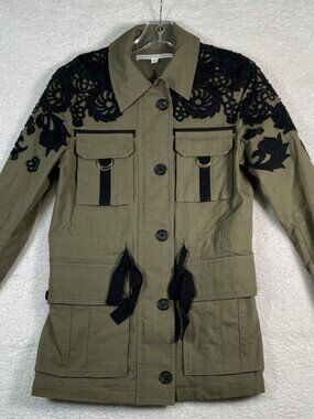 Veronica Beard Heritage Utility Jacket Olive Green Black Lace Size 0